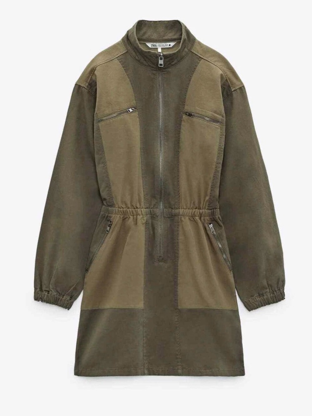 Zara Olive Green Utility Shirt Dress / Zip-Up Jacket Dress Size L